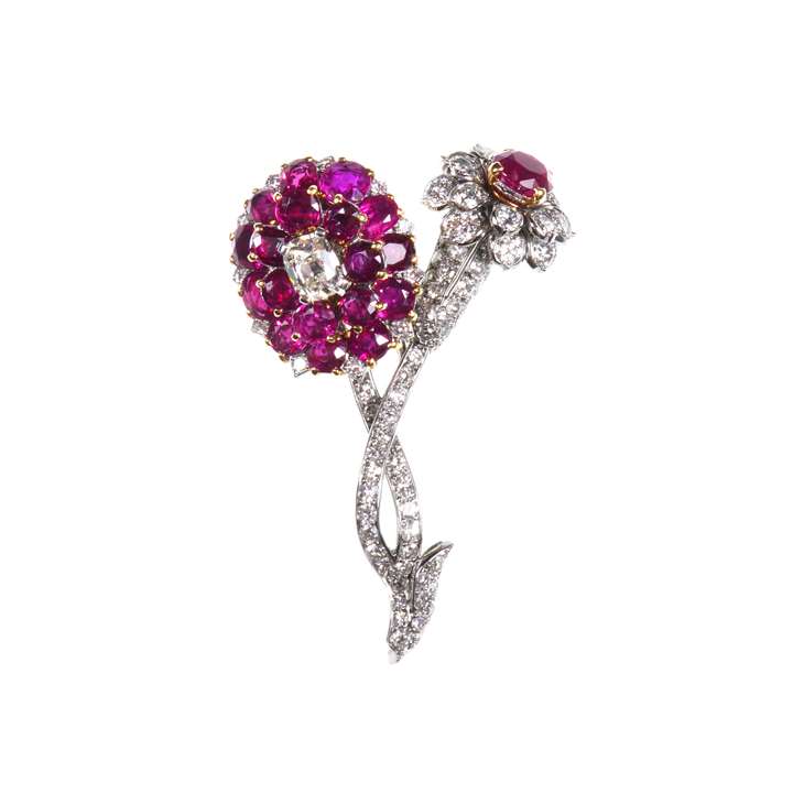 Ruby and diamond double flowerhead brooch